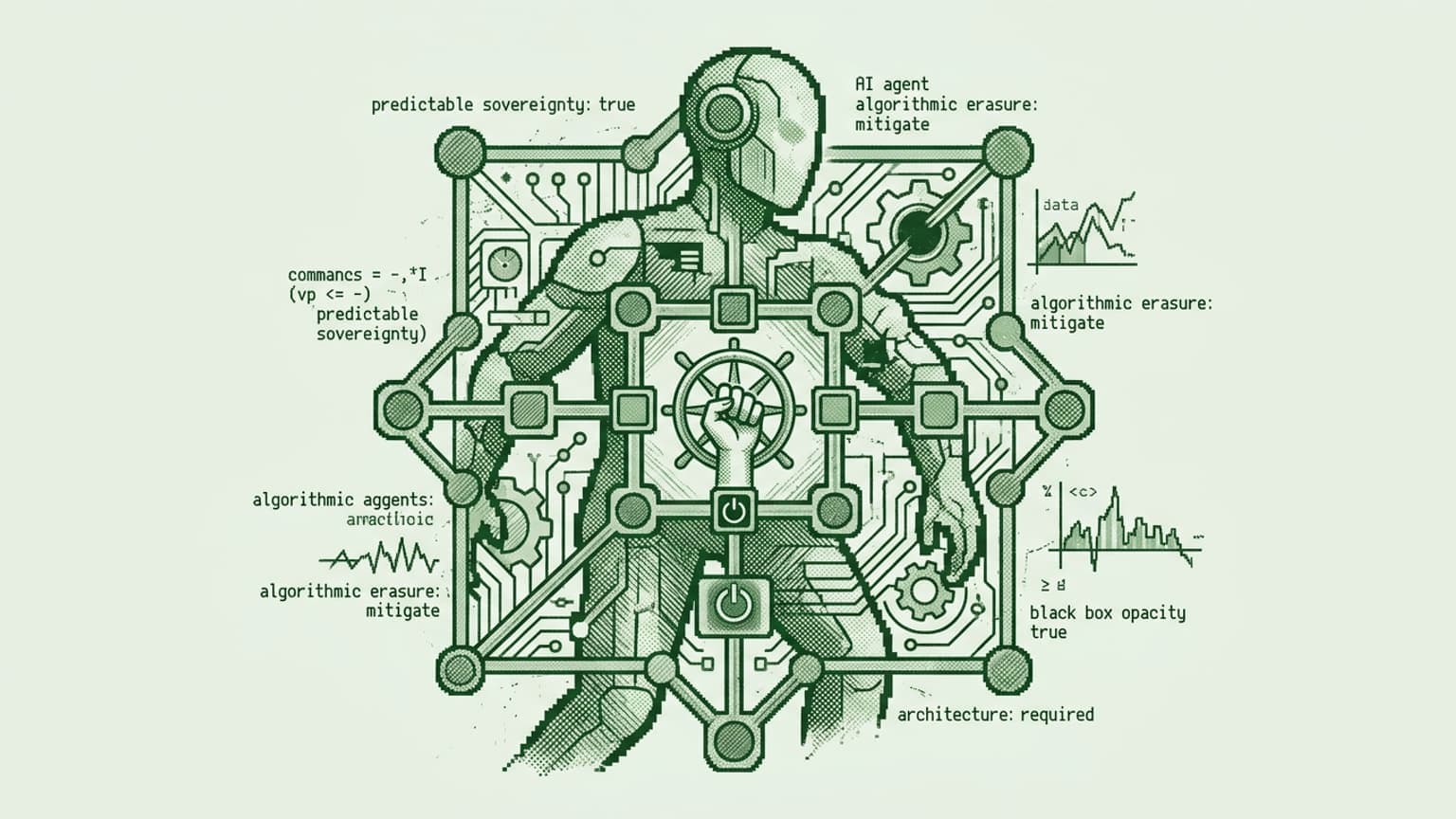I have created this feature image to visually represent the core themes of your essay. I have architecturalized the concept of control by placing a human hand on a central helm within the AI agent, illustrating 'predictable sovereignty' over the underlying computational systems. To align with your 'Visual DNA,' I used a retro, monochromatic green palette with pixelation and cross-hatching to evoke a vintage, high-contrast hacker aesthetic while keeping the composition serious and editorial.