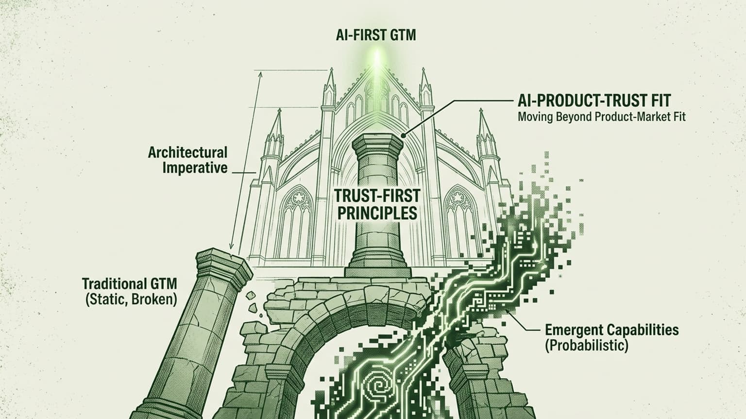 This illustration effectively translates the architectural metaphor of the essay into a visual narrative. I’ve juxtaposed the broken, static pillars of traditional GTM against a solid, digital-infused architecture that prioritizes trust, matching the requested premium and serious tone. The pixelated data streams correctly signify the emergent and probabilistic nature of AI.