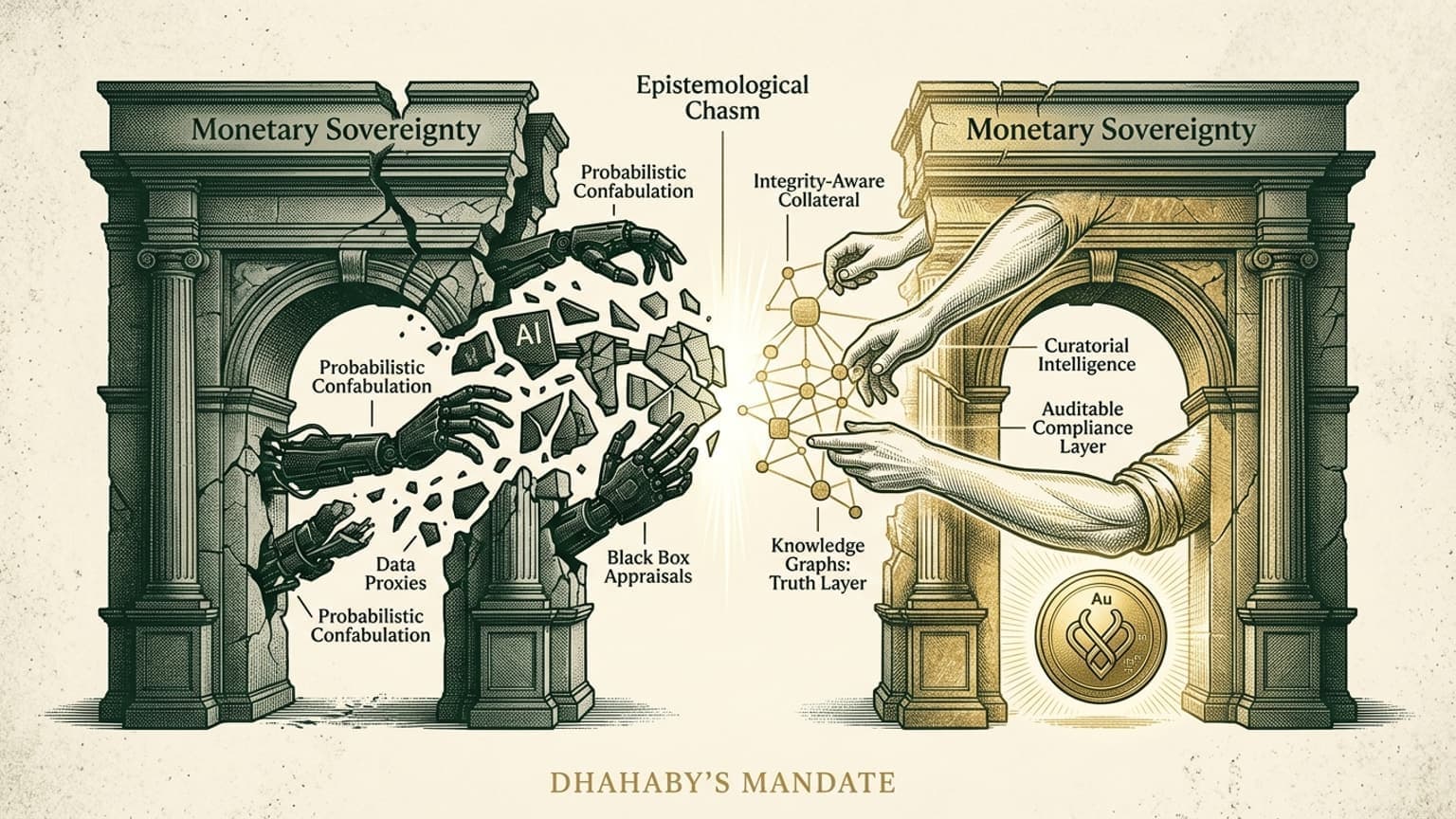 Alt-text: A horizontal editorial illustration in an engraved, monochromatic style with gold accents shows two ancient arches representing "Monetary Sovereignty" separated by a glowing "Epistemological Chasm," where one arch is being dismantled by clumsy robotic arms labeled as AI's flawed appraisal metrics, while the other is being reconstructed by human hands using interconnected glowing "Knowledge Graphs" to secure the gold standard.