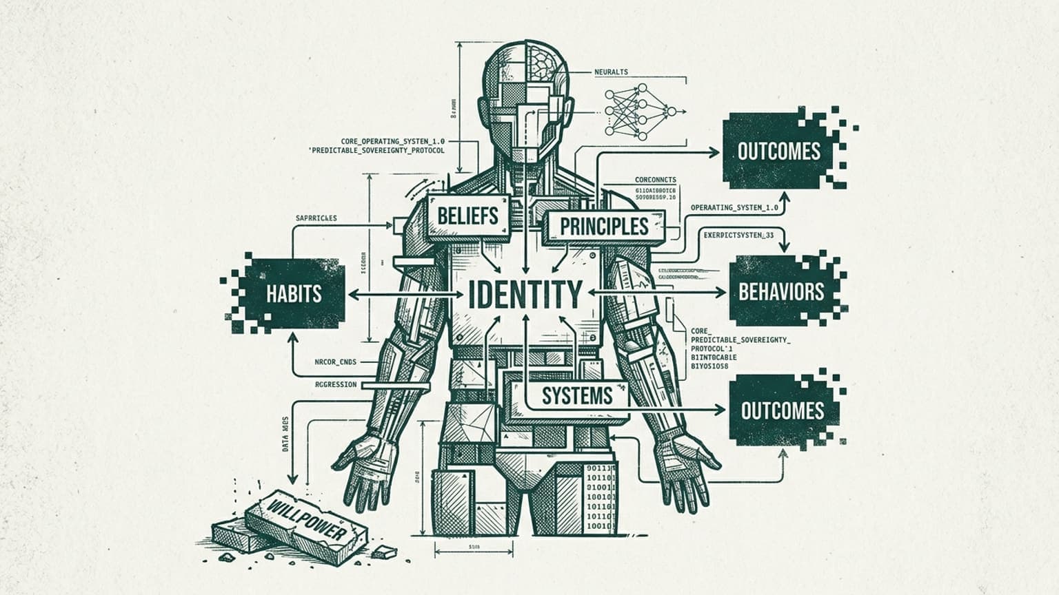 I have generated a feature image that visually architects the self as a technical system, aligning with your essay’s core themes. I’ve integrated specific labels like "Identity," "Beliefs," and "Systems" to map out your concept of sustainable personal change. To capture the author’s tone and the essay’s argument against ephemeral results, I have intentionally rendered "Willpower" as a discarded, crumbling block on the floor, symbolizing its finite nature and flawed role as a primary driver of transformation.