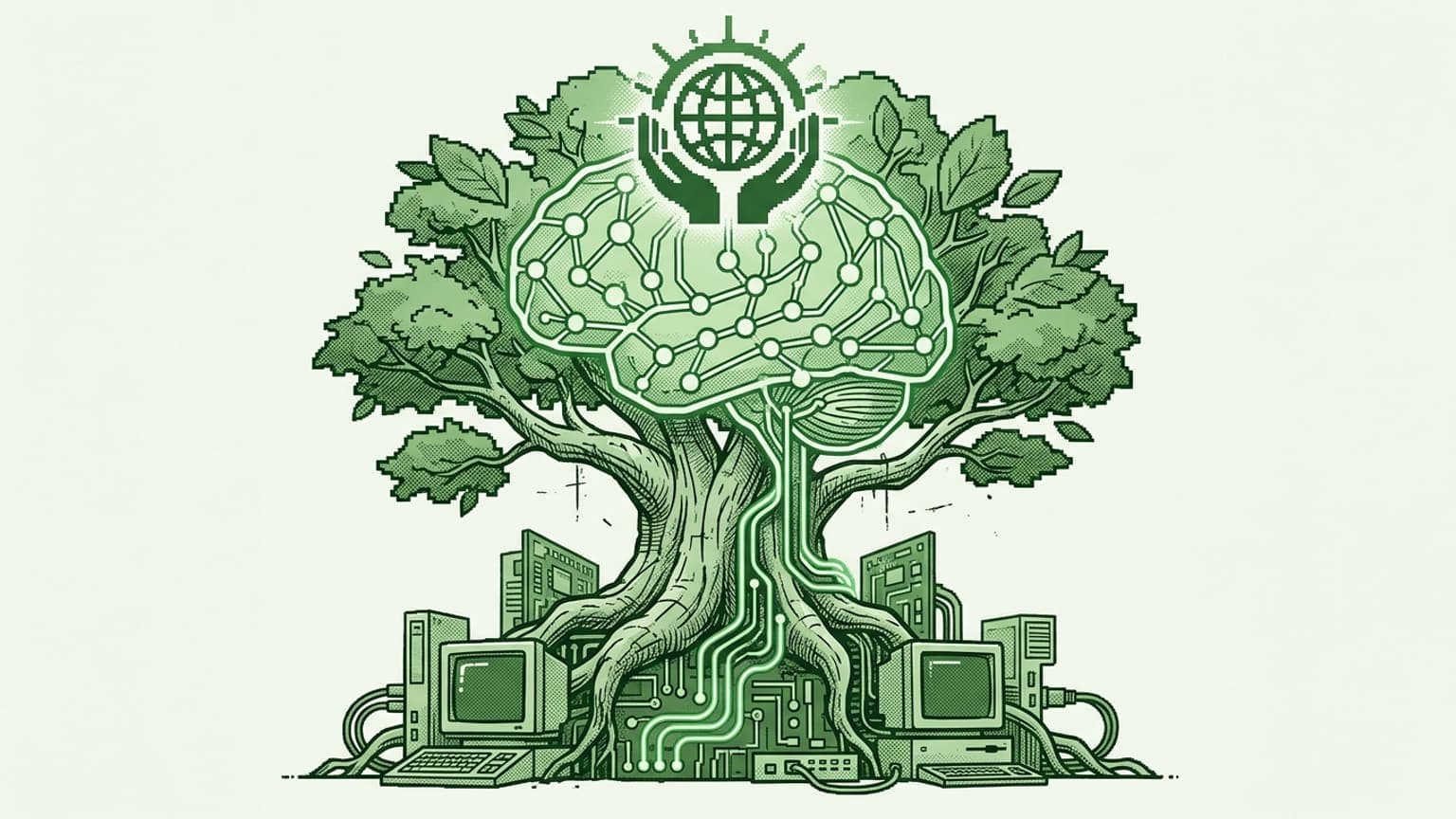 I have generated the feature image for your essay, strictly adhering to the requested "Visual DNA" of a retro, slightly grungy hacker aesthetic. The illustration uses a monochromatic green palette and pixelated textures to conceptualize the intersection of AI infrastructure and environmental sustainability. 

The composition features vintage hardware at the root of a large tree, representing the energy footprint of computational demands. The trunk and branches integrate a neural network brain, illustrating the architectural integration of Green AI. At the crown of the tree, hands are shown cupping the globe, a powerful visual metaphor for the central theme of establishing predictable planetary sovereignty. This illustration is designed to elevate your essay with a cohesive visual narrative that avoids standard stock photo tropes.