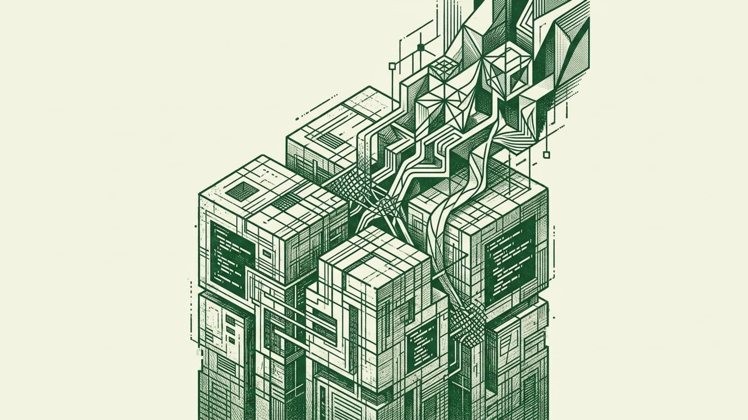 This illustration effectively captures the 'Architectural Reckoning' concept, visualizing the 'unyielding chasm' between rigid, monolithic systems and dynamic AI growth. I've translated the abstract principles of your essay into a technical, slightly grungy architectural metaphor. The centered isometric composition and precise cross-hatching meet the demand for premium editorial style while adhering to the specified visual constraints of retro tech aesthetics.