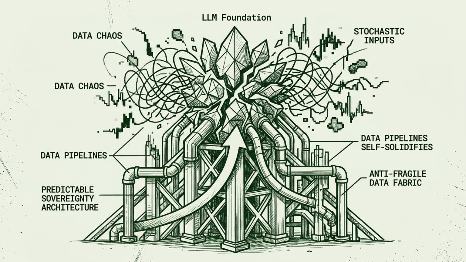 I have created a premium editorial illustration that translates the concept of "anti-fragility" in LLM data pipelines into a visual metaphor. By adhering to the "Visual DNA" guidelines, this graphic depicts a robust, scaffolding structure that gains strength from chaotic data inputs. I have used a monochromatic green palette with sketch-like textures and cross-hatching to evoke a vintage tech and hacker aesthetic while maintaining a professional composition suitable for a serious architectural essay.
