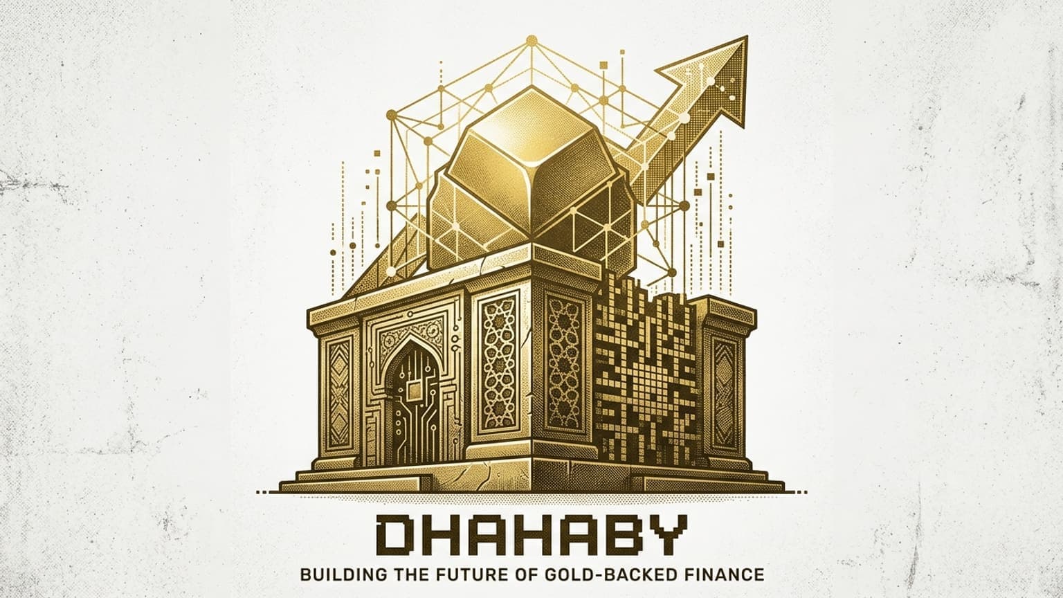 A golden architectural illustration for Dhahaby shows an ornate building base combining traditional GCC design with a circuit board motif. From the top of the structure, a large golden block rises into a geometric network and a digital arrow, symbolizing gold-backed finance. Below, the text "DHAHABY" and "BUILDING THE FUTURE OF GOLD-BACKED FINANCE" anchor the composition.