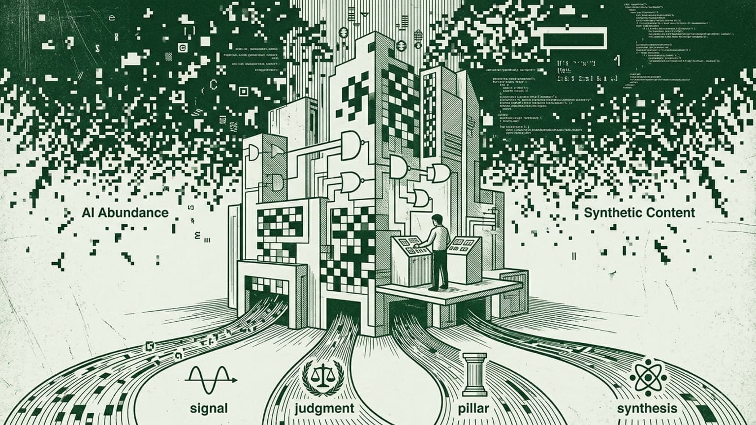 Here is the feature image for your essay. I have followed your "Visual DNA" guidelines precisely, creating a monochromatic green editorial illustration in a 16:9 aspect ratio. The style uses line art, cross-hatching, and pixelated elements to convey a retro-tech and minimalist aesthetic. 

The composition is centered and serves as a strong visual metaphor for your post: a complex, architectural system where a human "orchestrator" filters the chaos of "AI Abundance" and "Synthetic Content" into structured "meaning" (represented by organized data streams). The illustration maintains high contrast against a light background with subtle grunge textures.