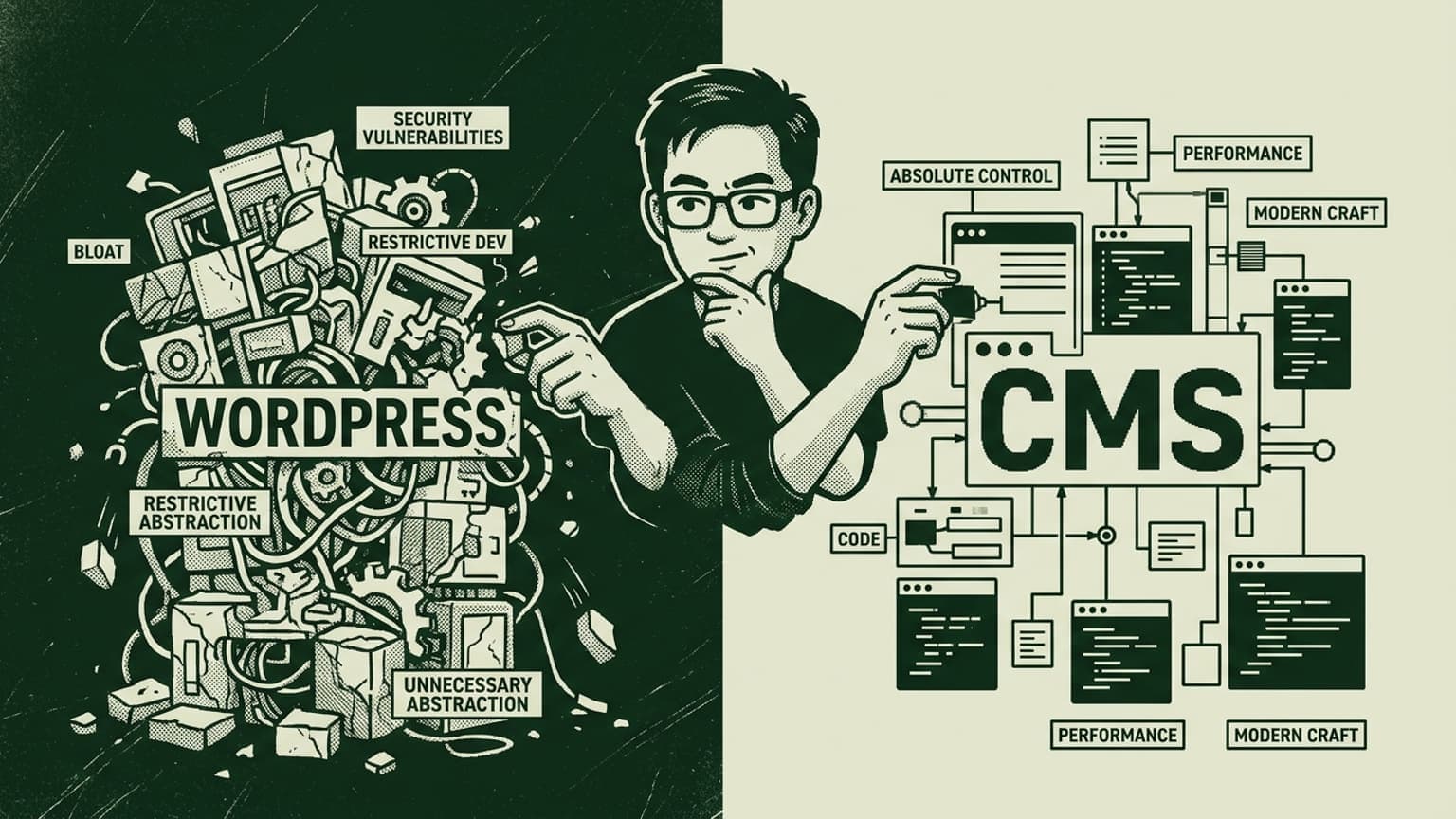 A monochrome editorial illustration showing a fractured 'WordPress' computer being built anew into a modern digital foundation, capturing the journey from disdain to custom design.