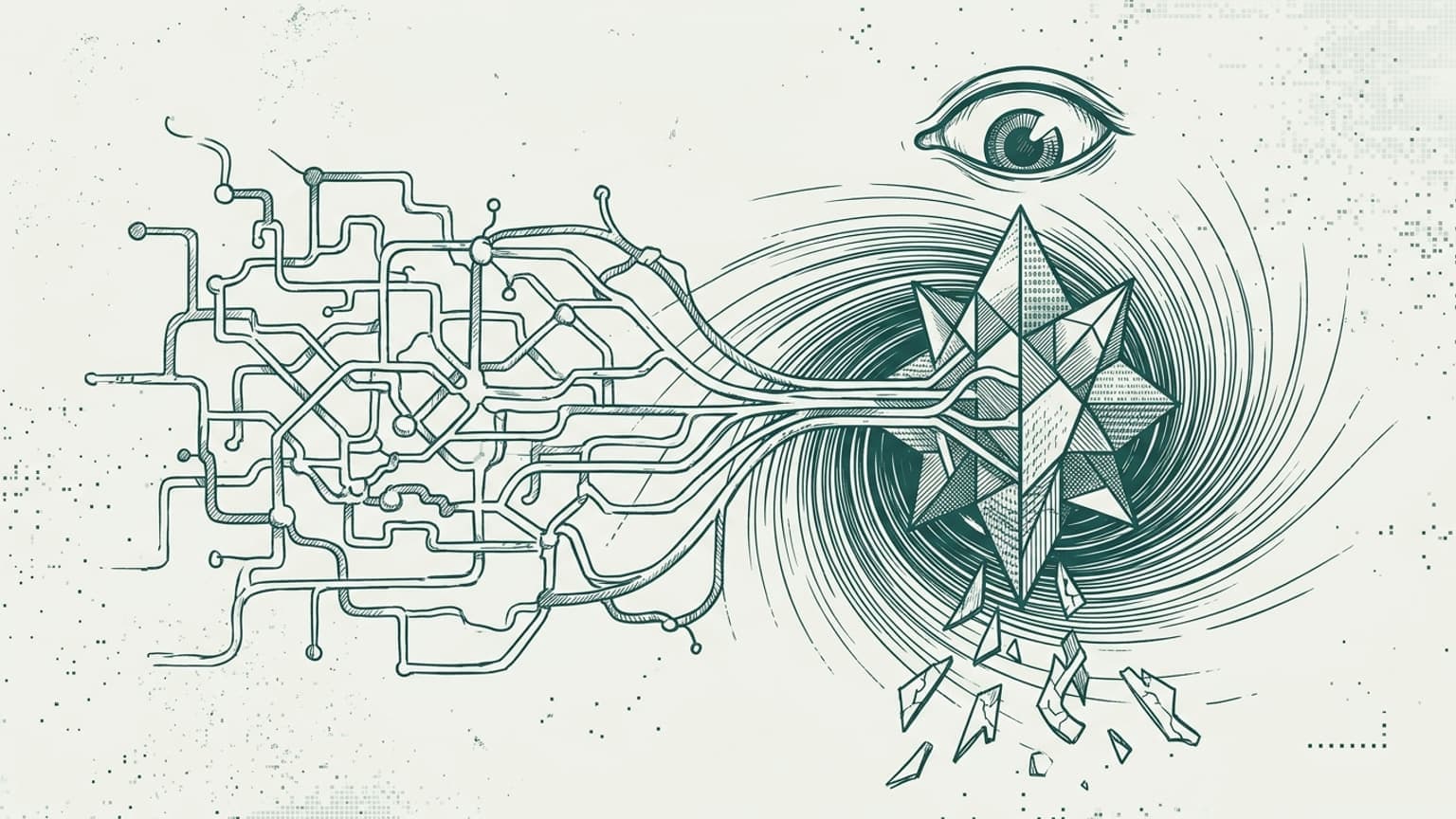 This hero illustration effectively translates the essay's complex theme into a compelling visual narrative. The contrast between the web-like network on the left and the monolithic, gravitational pull of the centralized knowledge crystal on the right clearly depicts the shift from traditional search to generative synthesis. The inclusion of the watchful eye adds a layer of intellectual rigor consistent with HK Chen's author DNA.