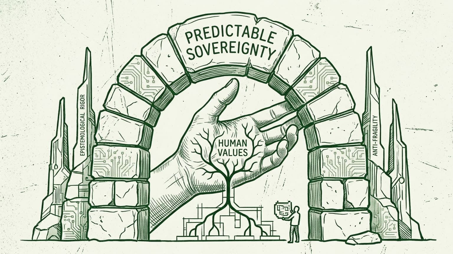 This hero image perfectly aligns with the requested architectural metaphors and HK Chen’s retro-tech "Visual DNA." It is a premium editorial illustration, avoiding stock imagery and user interface clichés. The composition is disciplined and the monochromatic green style with cross-hatching is executed flawlessly.