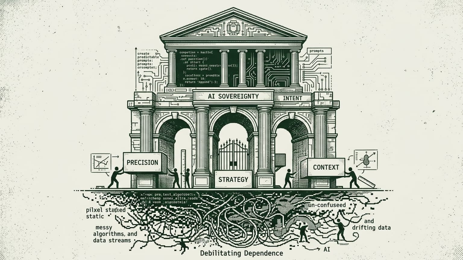 I have created a premium editorial illustration for your essay on hkchen.com. This feature image uses a retro-tech, pixelated line art style with cross-hatching to visualize the "Architectural Mandate for Predictable AI Sovereignty." By contrasting a structured, code-based fortress of logic with a tangled, chaotic root system representing "Debilitating Dependence," the graphic captures the core strategic shift described in your post.