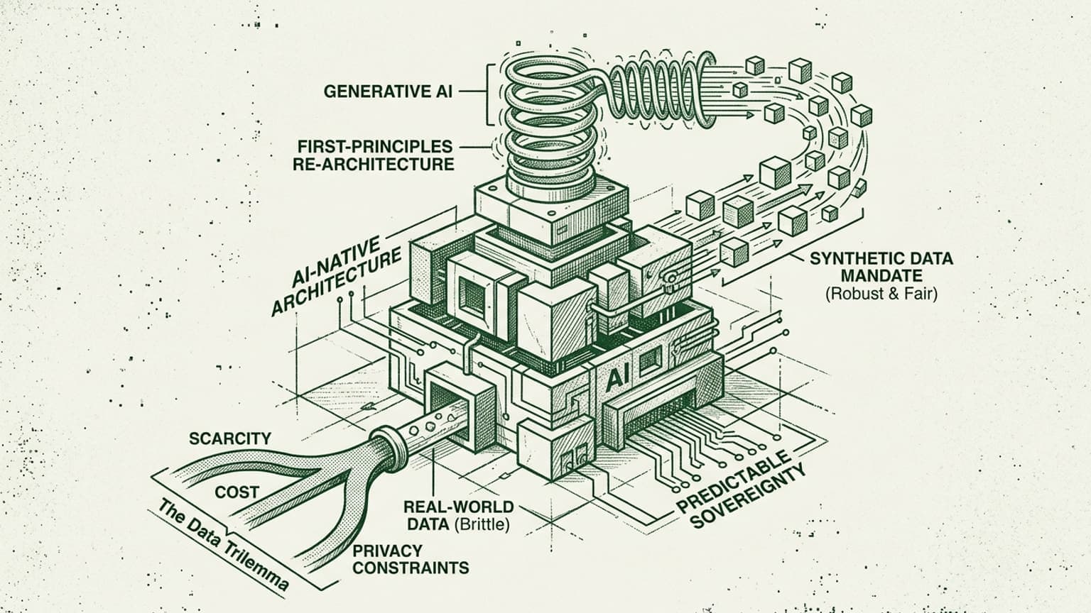 I have generated a premium editorial illustration that translates the complex technical concepts from your essay into a clear, compelling visual metaphor. Adhering to the "Visual DNA" provided, the image uses a monochromatic green palette and a retro, blueprint-inspired style to map the transition from "The Data Trilemma" to a sovereign "AI-Native Architecture" powered by synthetic data. This image is ready to serve as the exactly one feature image for your post on hkchen.com.