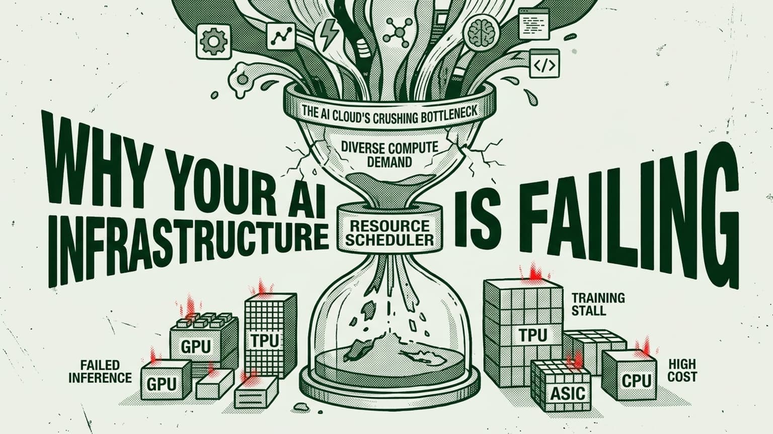 I have generated this hero image for your essay, utilizing the vintage hacking aesthetic from your 'Visual DNA'. It translates the central thesis—that current resource schedulers cannot handle the flood of diverse AI compute demands—into a powerful central bottleneck metaphor. This design focuses on a core architectural idea rather than modern stock photography, balancing strong conceptual value with stringent efficiency considerations to avoid underperforming hardware.