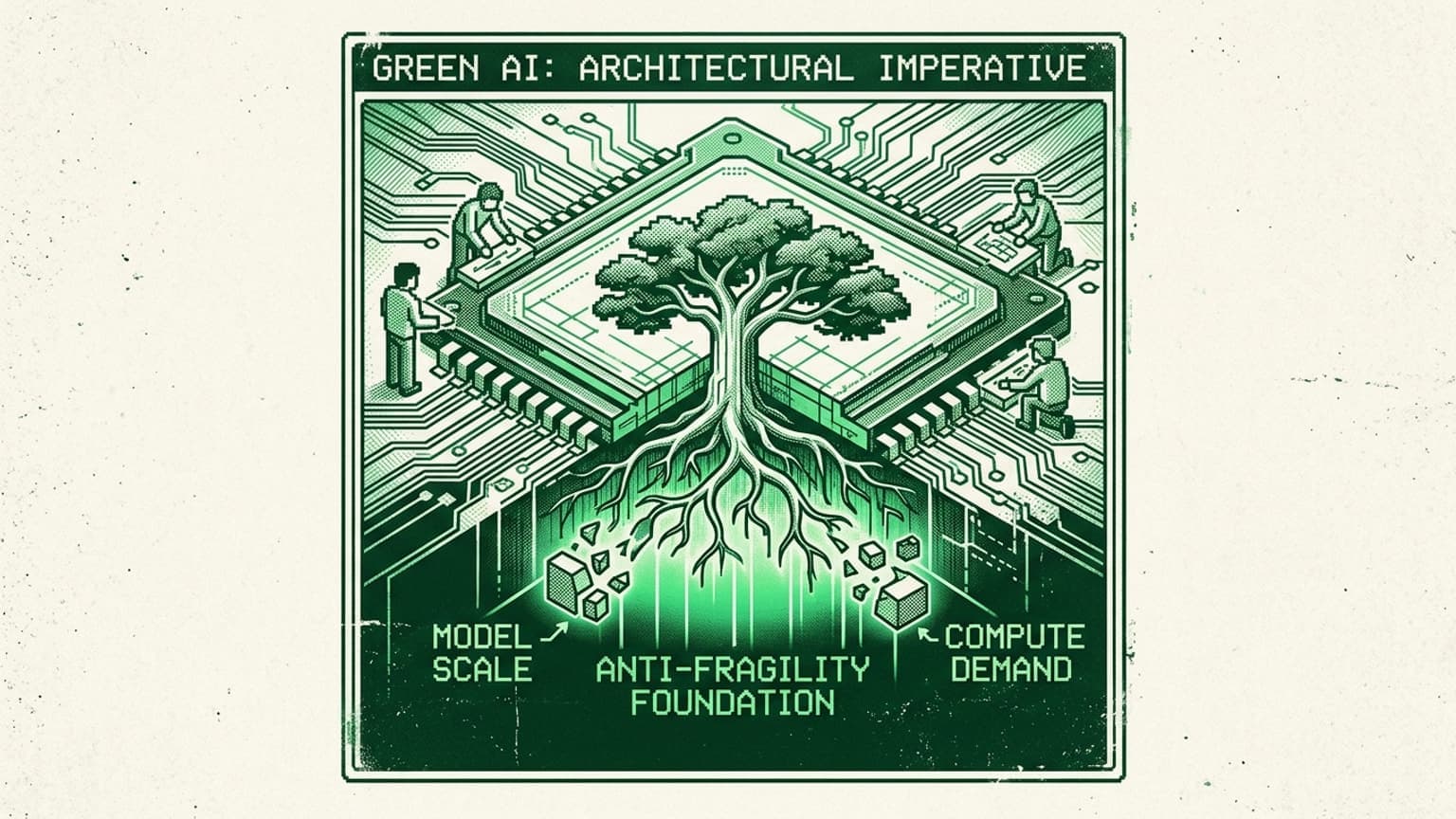 This feature image translates the core argument of the essay into a compelling visual metaphor while adhering precisely to the site's "Visual DNA." The isometric 8-bit illustration centers on the synthesis of architecture and sustainability: a resilient tree grows directly out of a processor's core, anchored by deep roots into an "Anti-fragility Foundation." The monochromatic green palette and grungy texture capture the requested premium, serious tone for hkchen.com.