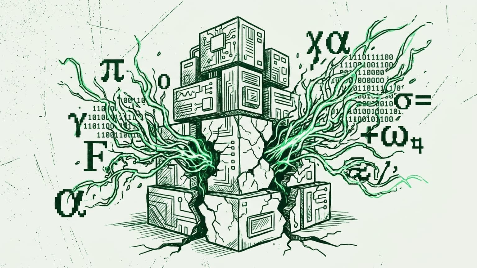 Here is the premium editorial feature image for HK Chen’s essay. 

This illustration perfectly captures the text’s themes of "emergent abilities" and the failure of existing AI architectures through a striking visual metaphor. It depicts a rigid, block-based AI structure visibly cracking under the pressure of organic, volatile growth—representing the "cold, hard truth of emergence" breaking free from current technical constraints.

The design adheres strictly to the defined Visual DNA:
-   **Style:** Monochromatic, minimalist, and slightly grungy line art with distinct cross-hatching.
-   **Tone:** The visual metaphor feels urgent and critically analytical, rejecting incrementalism.
-   **Palette & Texture:** It uses high-contrast green tones on a light, textured background, incorporating pixelated math symbols and retro-computing elements to evoke a serious, vintage hacking culture aesthetic.