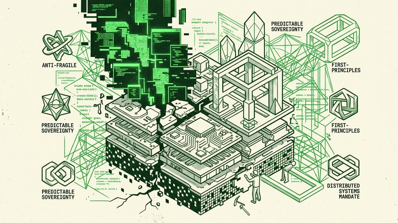 Here is the premium feature image for the essay on "Radical Re-Architecture for Hyperscale LLM Sovereignty." 

I have conceptualized a "radical re-architecture" by illustrating a physical server chassis breaking apart and reconstructing into a complex, anti-fragile geometric structure. The tiny figures represent the first-principles reconstruction of the system stack. To capture the urgent and serious tone of the essay, I utilized a "vintage hacking culture" aesthetic, featuring cross-hatching, high contrast, and a monochromatic green palette that directly references retro computer terminals while maintaining the minimalist, intellectual quality of HK Chen’s Visual DNA.