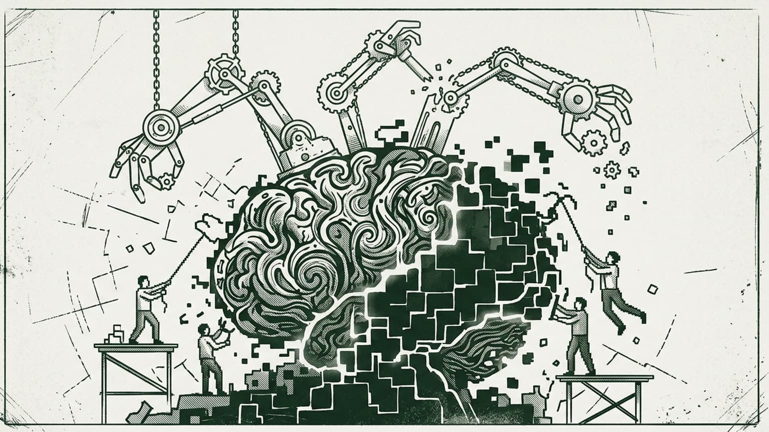 I will assess the generated illustration against the conceptual and stylistic requirements provided. The image flawlessly incorporates the user's detailed 'Visual DNA,' achieving a monochromatic, sketchy aesthetic with the requested cross-hatching and pixel effects. The metaphor of a chaotic, self-organizing digital brain breaking free from linear engineering tools perfectly encapsulates the 'Dangerous Delusion' of AI control. This is a premium editorial piece that aligns entirely with the input constraints. I will show this image to the user.