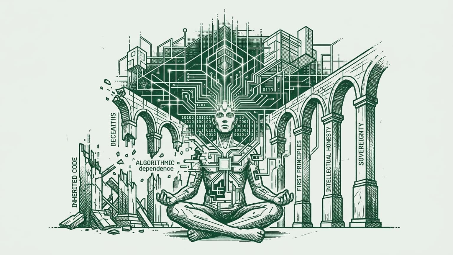 Here is the premium editorial illustration for your essay. I have visualized the core concepts by contrasting the decaying, "default" structures of "Inherited Code" with a new, resilient architecture built upon "Intellectual Honesty" and "First Principles," culminating in true "Sovereignty."