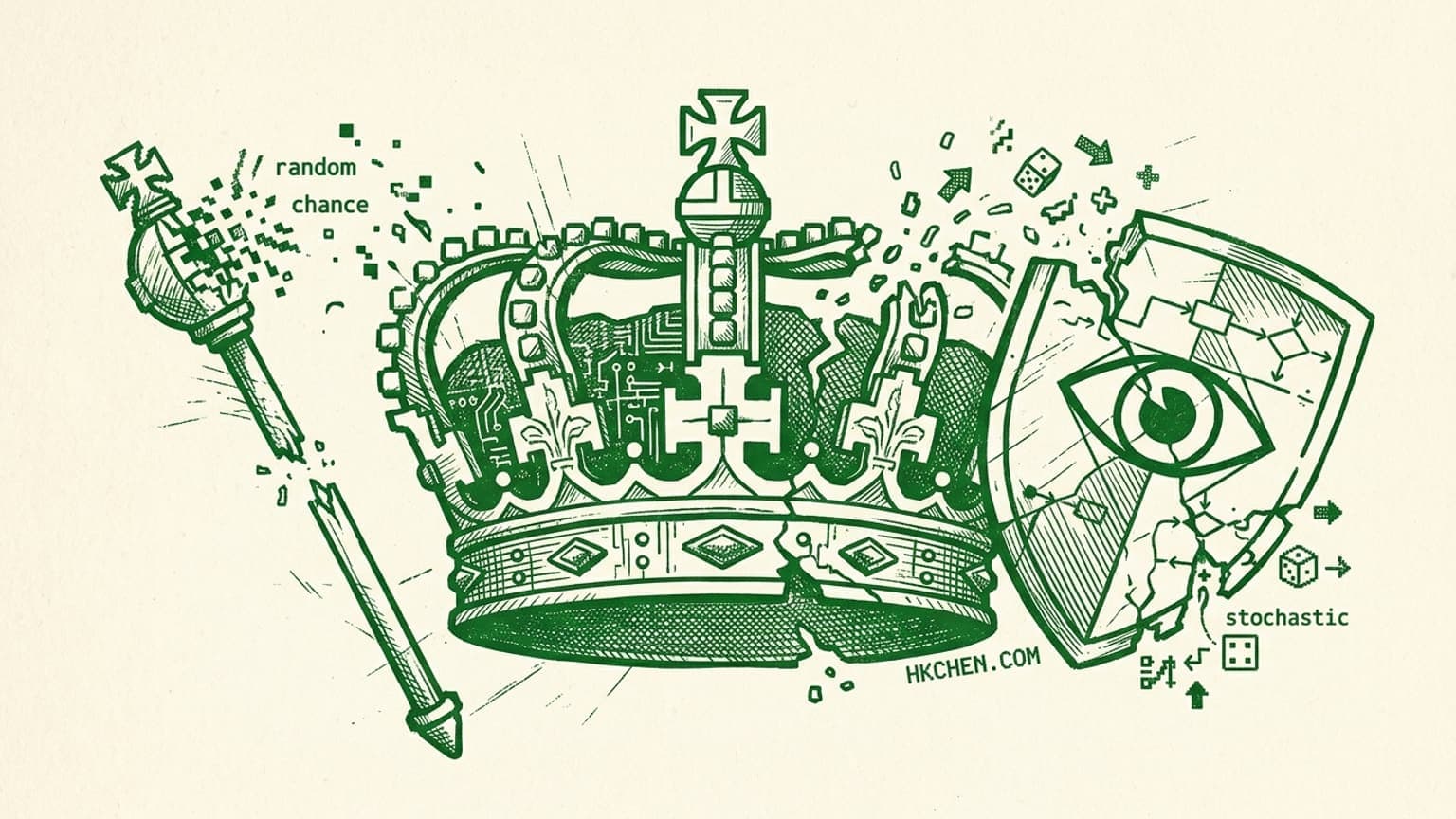 This feature image expertly synthesizes the user's specific request and branding requirements. It interprets the "Re-architecting Sovereignty" theme with a broken crown and shield (symbols of power and defense) being disrupted by pixelation and data flow, representing AI's stochastic impact. The illustration adheres perfectly to the "Visual DNA" of hkchen.com, employing the monochromatic green line-art style with cross-hatching and a slightly grungy, retro-tech texture. Every negative constraint—no laptops, no stock photos—is respected, and the text rendering (hkchen.com, stochastic) is precise.