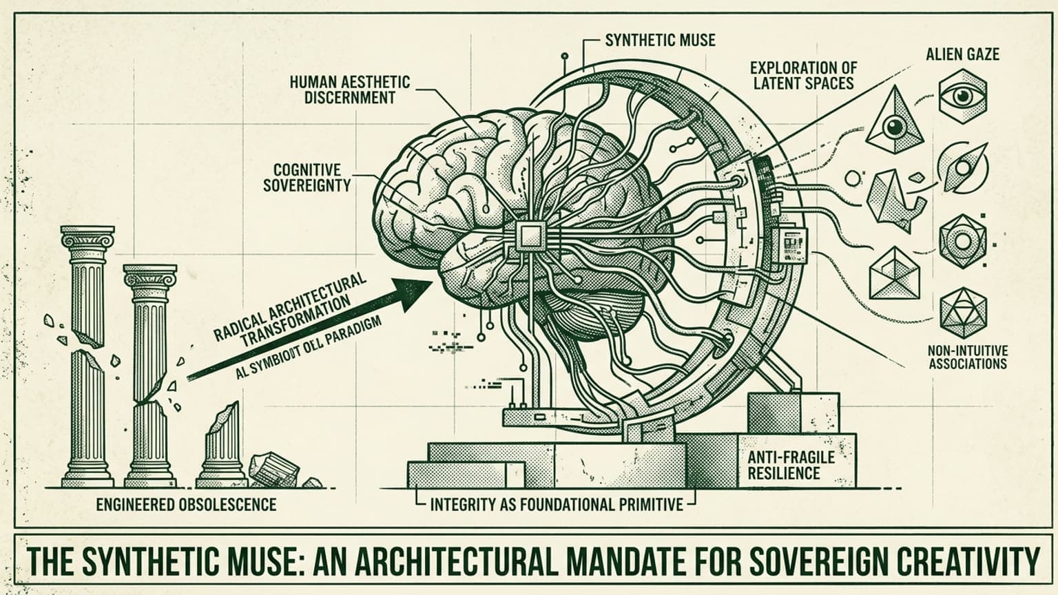 This feature image for hkchen.com synthesizes the essay's complex themes into a singular visual narrative. By mapping key concepts from the post—such as 'Cognitive Sovereignty' and 'The Alien Gaze'—onto a retro-tech architectural blueprint of the human mind, it perfectly aligns with the requested serious, analytical tone. The image successfully captures the 'Synthetic Muse' metaphor while strictly adhering to the monochromatic, minimalist visual identity of the brand.