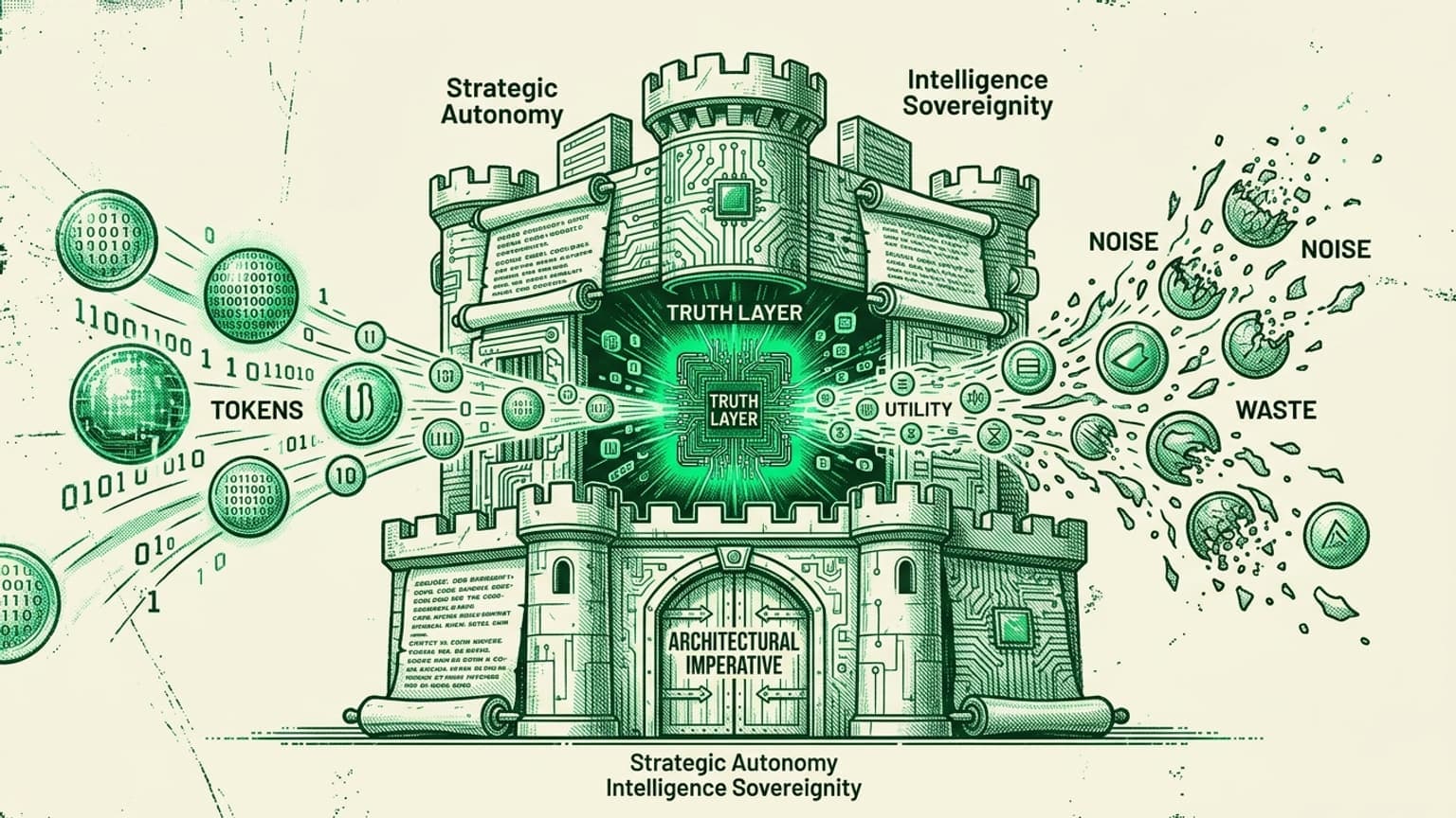 This editorial illustration perfectly captures the visual and conceptual identity of hkchen.com. I have utilized the signature monochromatic green palette and retro-tech aesthetic to depict a data fortress filtering information, illustrating "truth" and "utility" while discarding "noise" and "waste." The typography is legible and strategically placed to support the essay's complex architectural themes.