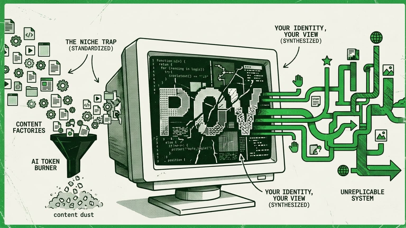 This retro tech illustration powerfully visualizes the essay's core conflict. It contrasts a mechanical "Content Factory" funnel on the left, which processes generic content into "content dust," against a unique human "Point of View" system on the right. This POV, synthesized from individual identity and experiences, forms a unique, branching architecture that an algorithm cannot replicate. The monochromatic green palette and distressed texture reinforce a sense of "vintage hacking culture" and serious intellectual inquiry.
